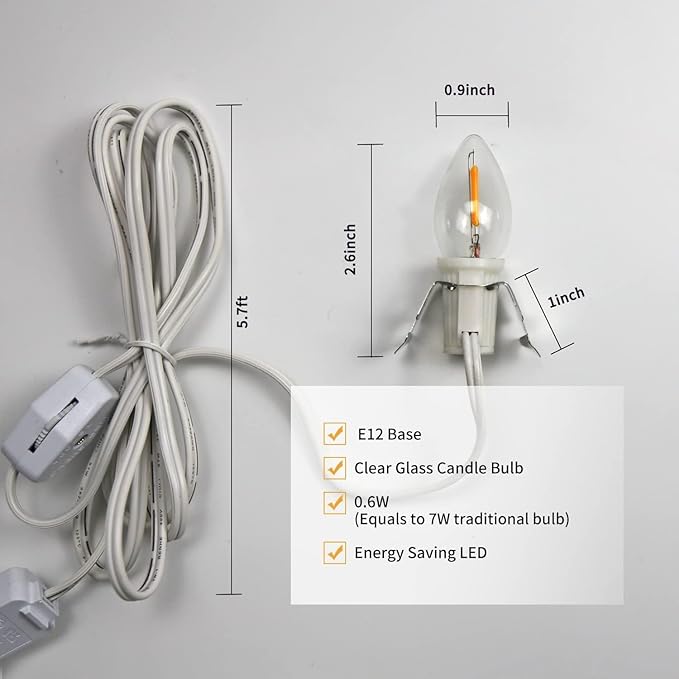 4 Pack Accessory Cord with LED Night Light Bulbs - White Cord with On/Off Switch Plugs - C7 led Bulb Warm White with Spare Fuse, for Holiday Decoration and Craft Village House Decoration