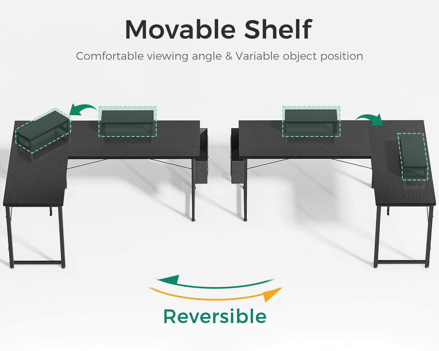 Casaottima L Shaped Computer Desk with Storage Bag, 57.5 Inch Reversible Gaming Table, Home Office Corner Desk with Monitor Shelf, Space-Saving Writing Workstation Desk, Easy to Assemble, Black