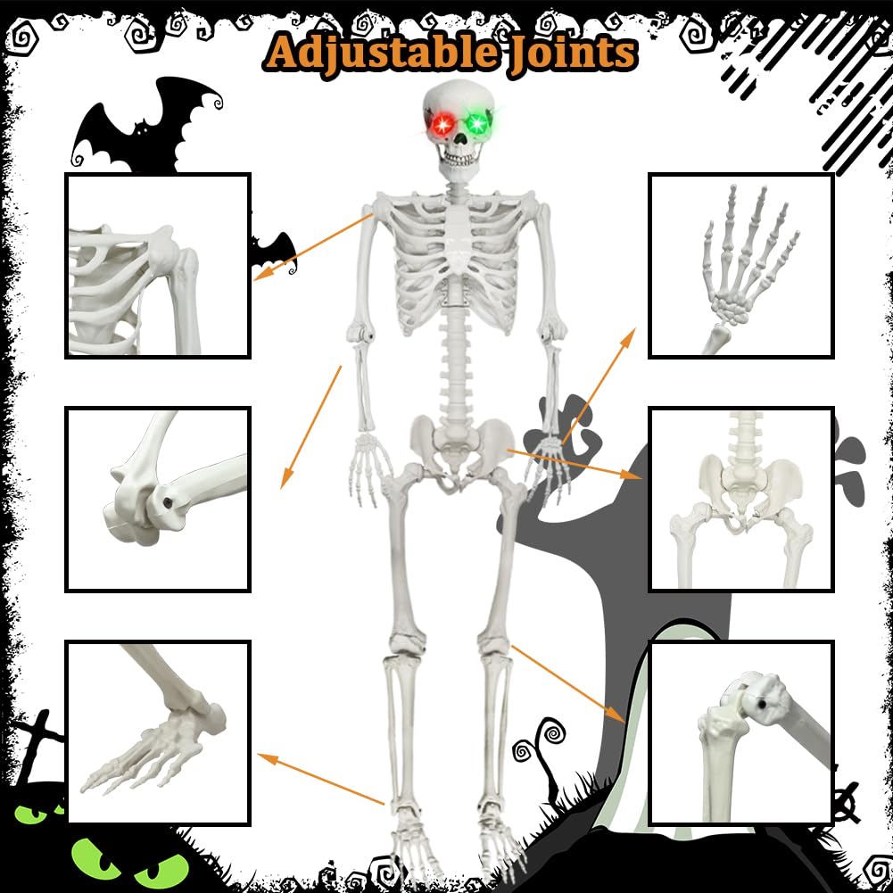 6Ft Halloween Skeleton, Posable Life Size Skeleton with Glowing Eyes Creepy Sound, Plastic Skeletons with Movable Joints for Graveyard Prop, Indoor Outdoor Haunted House Party Decor