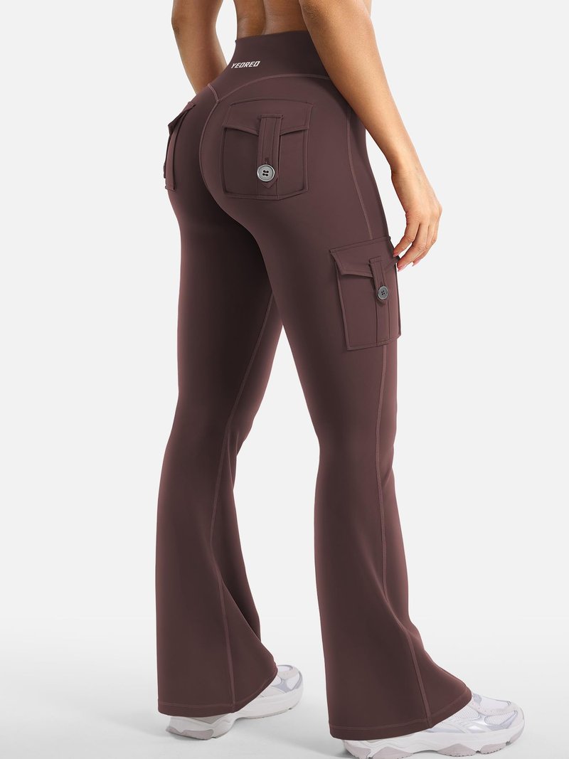 YEOREO CoreFlex Women Workout Flare Leggings with Pockets Hidden Scrunch High Waisted Cargo Gym Yoga No Front Seam Leggings Brown XL