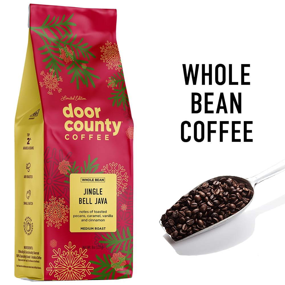 Door County Coffee Jingle Bell Java Flavored Coffee Whole Bean - 8oz Bag - Holiday Seasonal - Medium Roast - 100% Specialty Arabica - Pecans, Creamy Caramel, Vanilla, Cinnamon