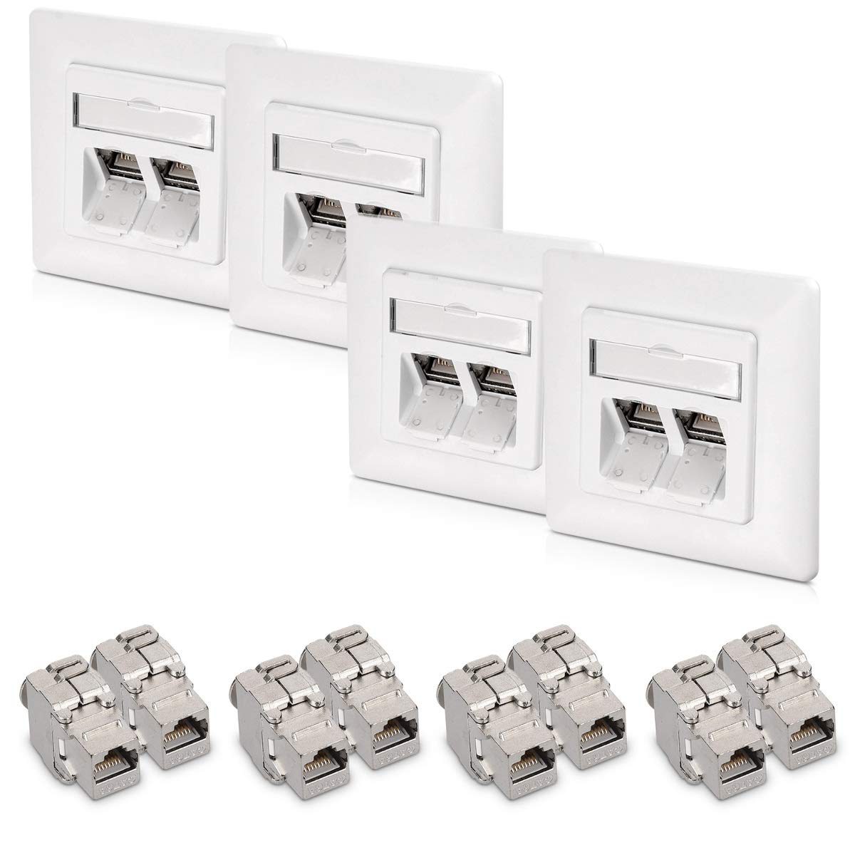 kwmobile Keystone Module Kit - Includes (8) CAT6A Shielded Keystone Jack RJ45 Ethernet Module 10G + (4) 2-Port Wall Plate and Shielded Metal Housing
