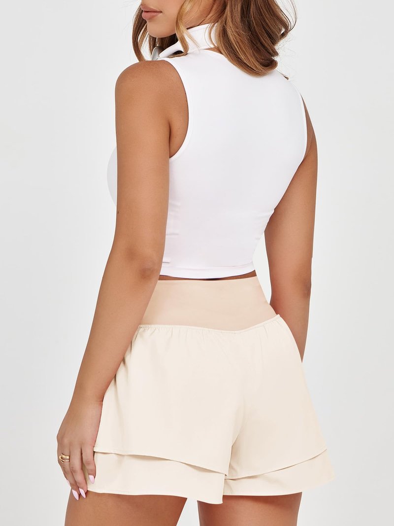 Fisoew Womens High Waisted Athletic Shorts Ruffle Tiered Running Workout Tennis Shorts with Build in Shorts Beige
