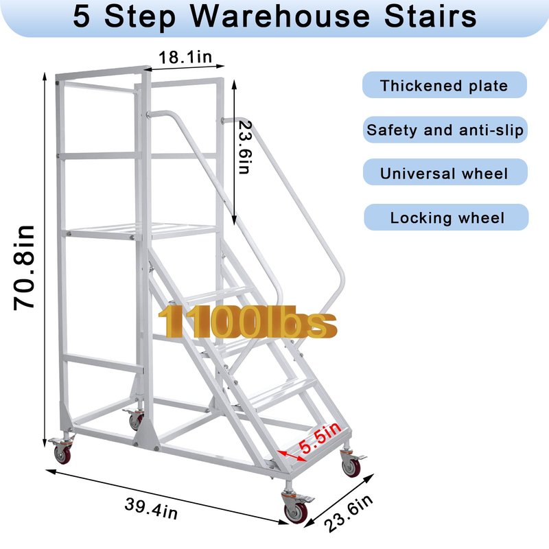 4-Step Rolling Warehouse Step Ladder, Lockable Wheels, Non-Slip Wide Steps, Dual Handrails, Movable Platform Ladder, Rolling Stairs for Warehouse, Supermarket, Library (White, 4 Steps)