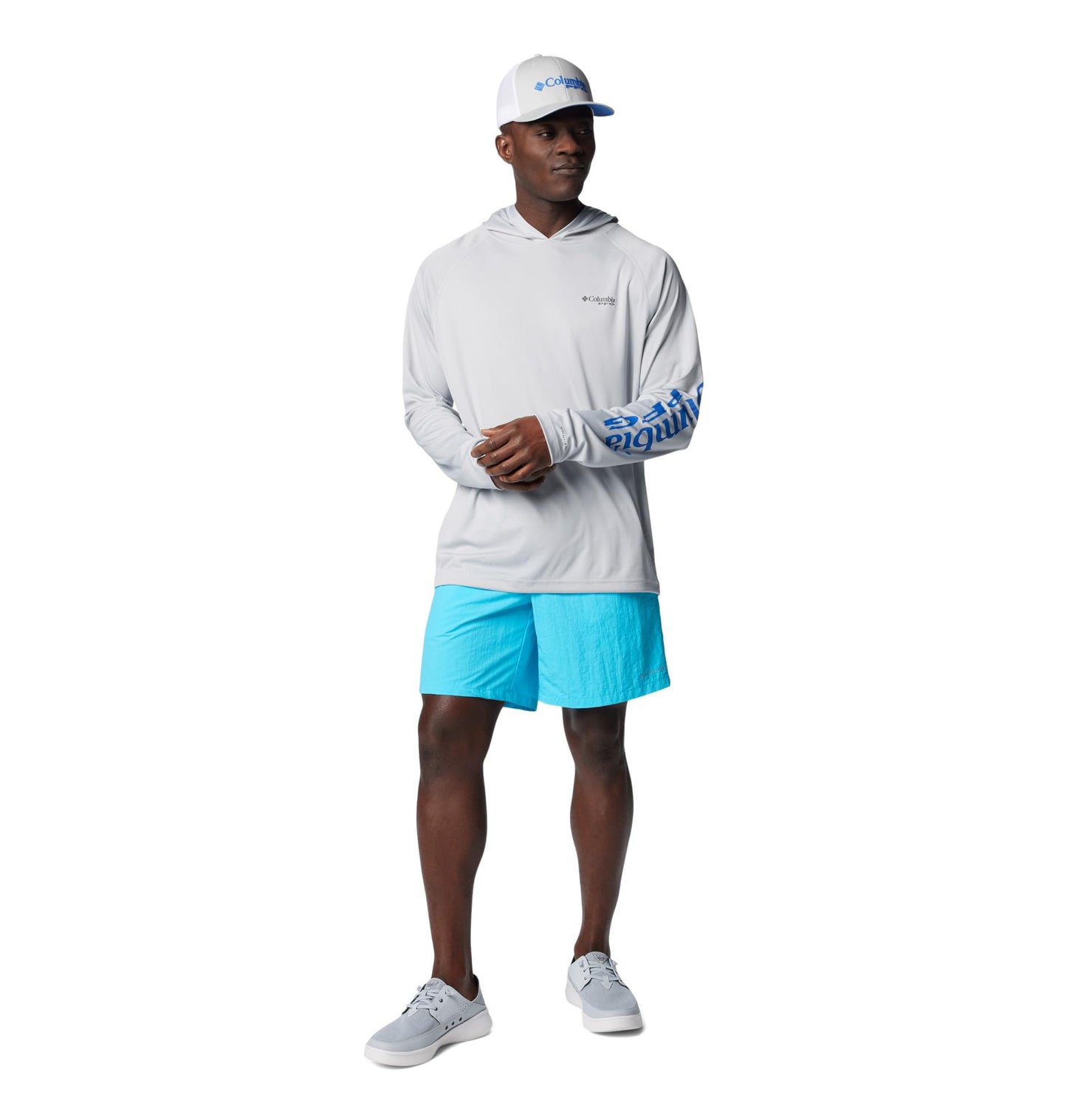 Columbia Mens PFG Terminal Tackle Long Sleeve Fishing Hoodie, Cool Grey/Vivid Blue Logo, Large