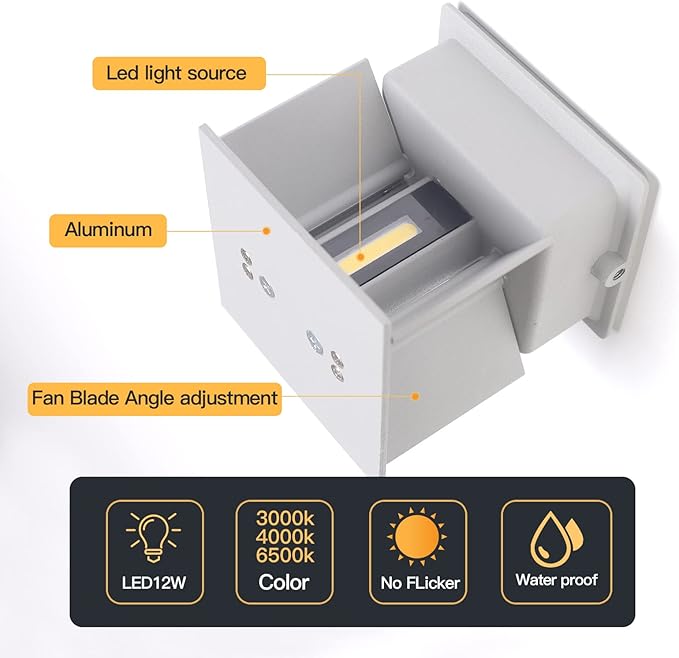 12W 4Pack Outdoor Wall Lights Exterior/Interior,LED White Outdoor Wall Sconces Light Fixtures Modern,IP65 Waterproof Square Aluminum Wall Lamps, Up and Down Lights 6500K Cold Lights