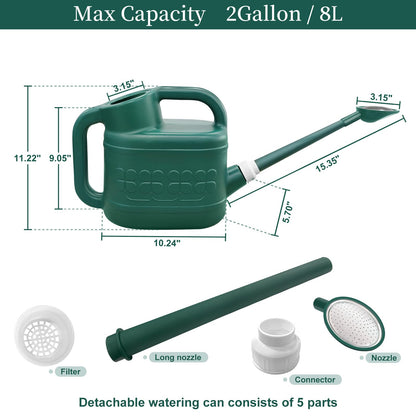 2 Gallon Watering Can for Outdoor Plants with Removable Long Spout and Stainless Steel Sprinkler Head, Large Plastic Watering Can for Garden Flowers Plants