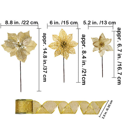 Winlyn 26 Set 3 Style Christmas Gold Glitter Poinsettia Flowers Picks Xmas Tree Ornaments and 20 Yards Decorative Gold Glittered Wired Ribbon for Christmas Tree Wreaths Garland Holiday Décor