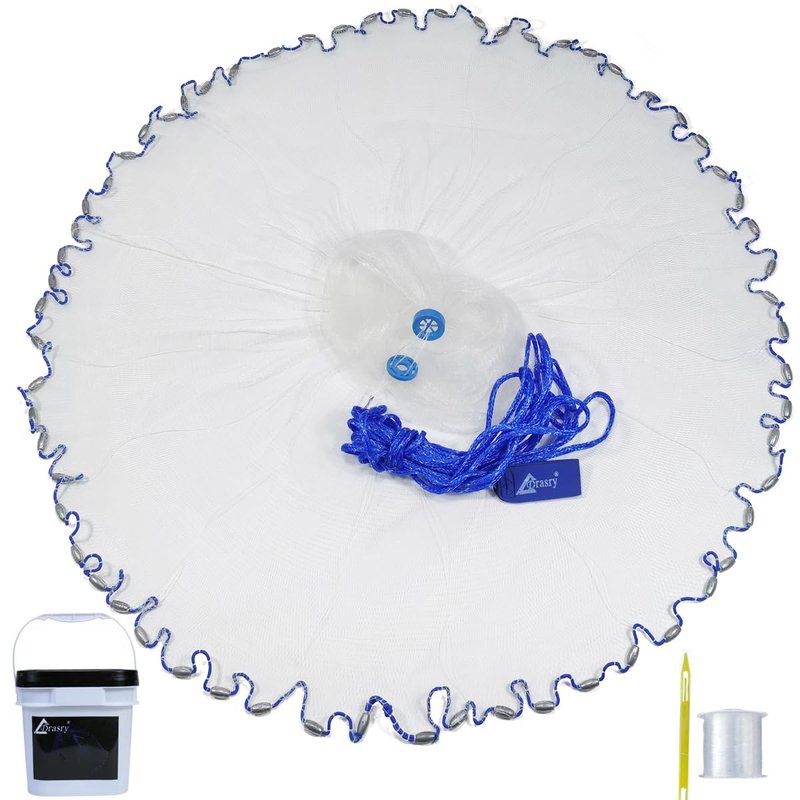 Drasry 1/4 Saltwater Fishing Cast Net for Bait Shirmp Trap Fish Throw Net with Heavy Lead Sinkers. Size 3FT to 10FT Radius Freshwater（1/4 Inch Mesh） Monofilament Cast Net, 3FT(90cm) Radius