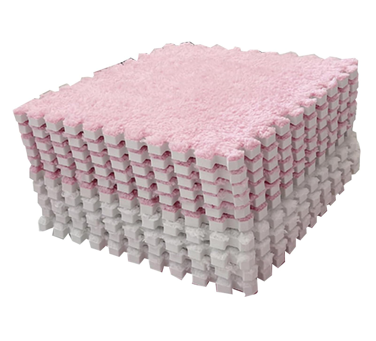 10pcs Plush Foam Floor Mat, Cuttable Play Mat Color Blocking Plush Puzzle Interlocking Square Carpet Tile Flooring Climbing Area Rugs for Home Playroom (Pink White)
