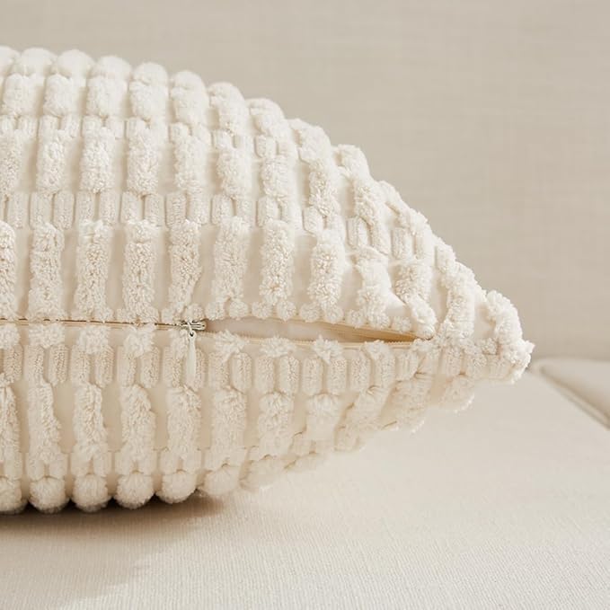 Fancy Homi Cream Lumbar Decorative Throw Pillow Covers 14x24 Inch for Living Room Couch Bed Sofa, Rustic Farmhouse Boho Home Decor, Soft Striped Corduroy Rectangle Cushion Case 35x60 cm