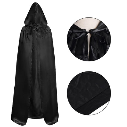 hoyuwak Black Cloak with Hood Halloween Wizard Hooded Cape Full Length Robe for Women Men Role Play Costume Witch Party Dress-Up