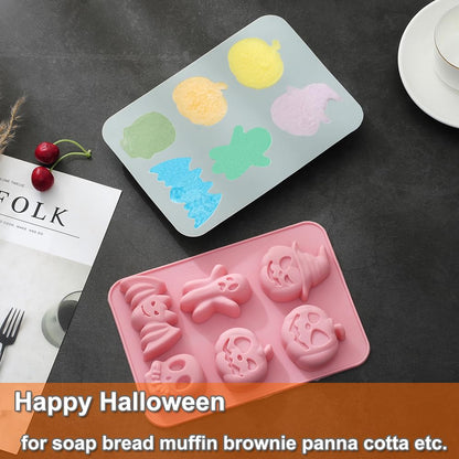 2 Pack Halloween Silicone Cake Mold Pumpkin Bat Skull Ghost Shape Silicone Mold for Chocolate Candy Gummy Jello Ice Cube Crayon Melt Biscuits, Soap Molds Silicone Baking Mold Making Kit for Kids