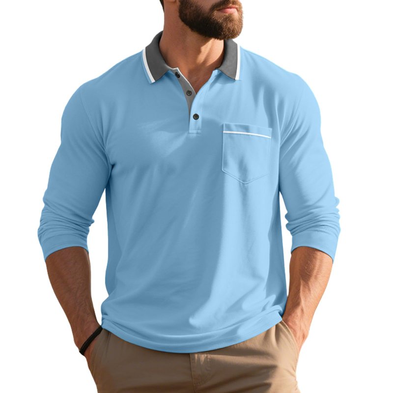 Long Sleeve Polo Shirts for Men Fall Trendy Color Block Golf Shirts Classic Collared Button Down Work Business Tops Light Blue