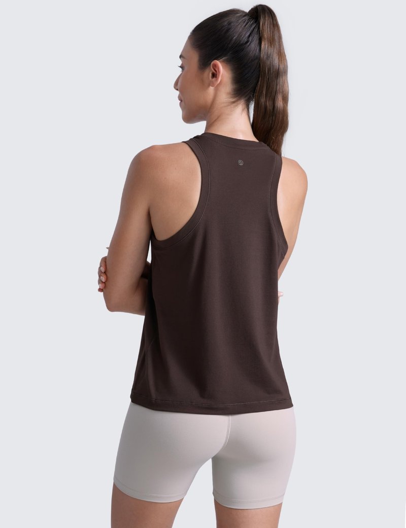 CRZ YOGA Cotton-Blend Workout Racerback Tank for Women Athletic High Neck Breathable Tops Casual Basic Sleeveless Shirts Hot Fudge Brown Medium
