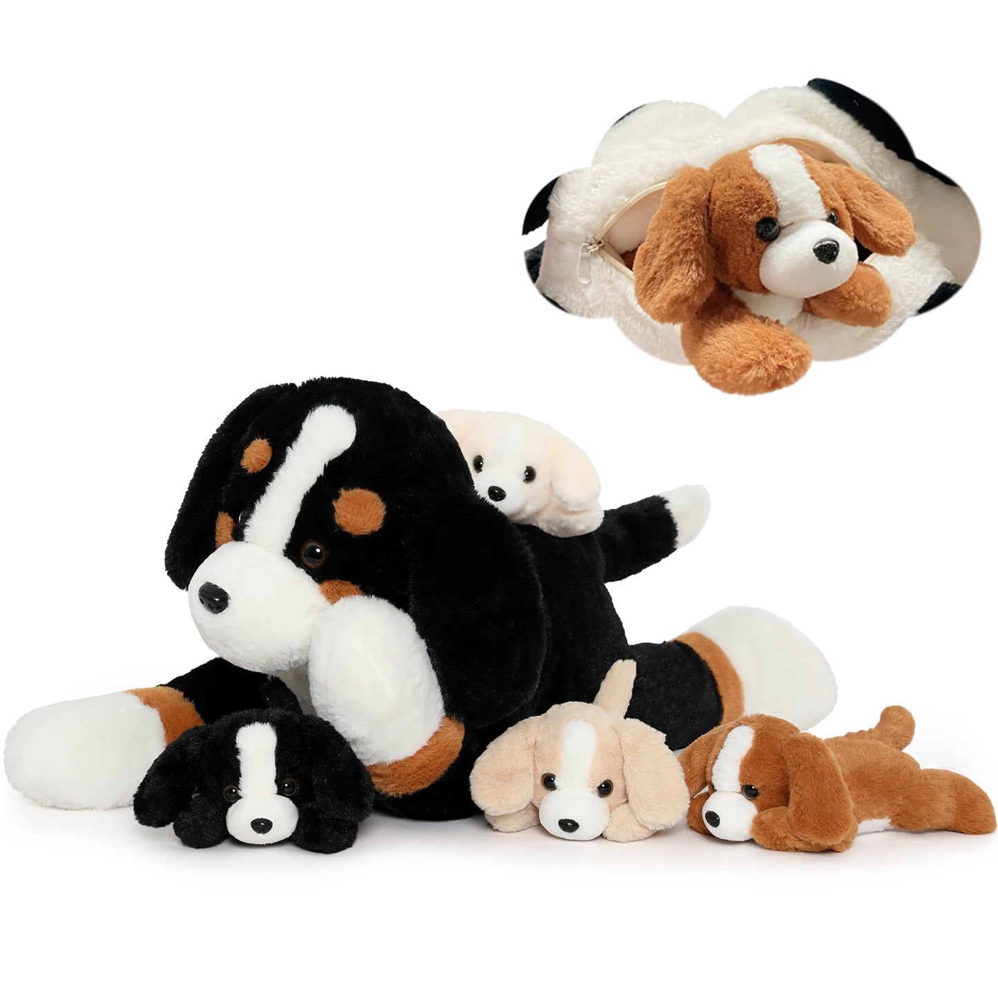 MorisMos Dog Teddy Stuffed Animal, 60cm Cuddly Mommy Dog with 4 Babies Puppy Inside Kawaii Giant Dog Plush Soft Toy Gift for Kids Birthday Valentines Deco