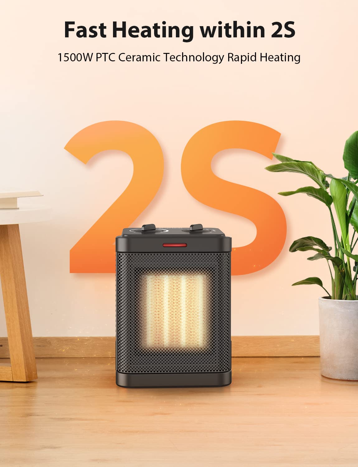 1500W Small Space Heater for Indoor Use, PTC Ceramic Space Heater with Thermostat, 3 Modes, Safety Quiet Heating, Multiple Protection, Portable Heater for Office Room Desk Use