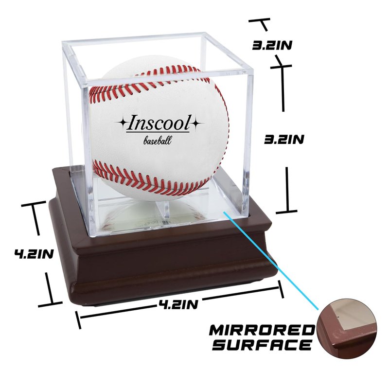 Baseball Display Case, Acrylic Baseball Holder with Wooden Base, UV Protected Acrylic Baseball Display Cube,Baseball Case for Autographed Baseball,Memorabilia Baseball (Wooden Base with Mirror)