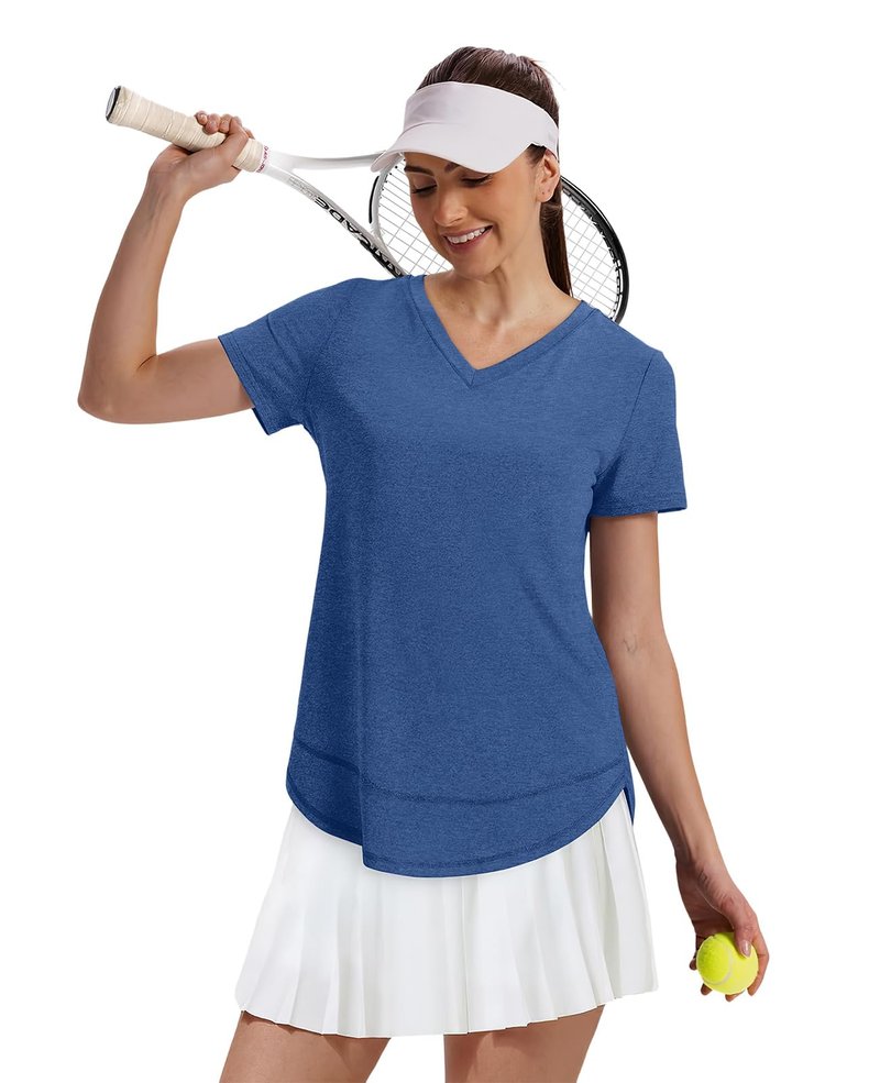 Summer Tops for Women 2026 Short Sleeve Workout Clothes Athletic Shirts Pilates Outfits Camisetas Deportivas para Mujer V Neck Blue L