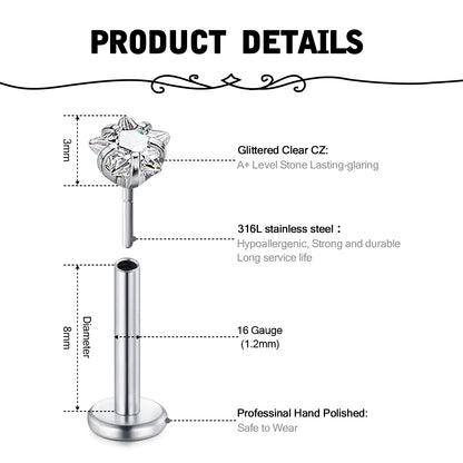 VFUN 16G Tragus Earrings Mixed Styles Bioflex Stainless Steel Lip Rings Labret Piercing Clear Helix Piercing Threadless Lip Stud Rings 10PCS 8MM