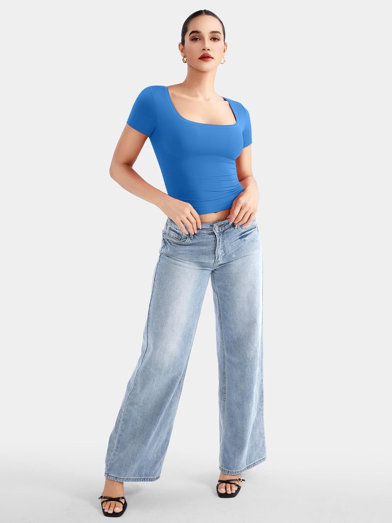 YEOREO Womens Tops Short Sleeve Going Out T Shirts Scoop Neck Slim Fit Double Lined Pattiy Crop Tops Sea Blue M
