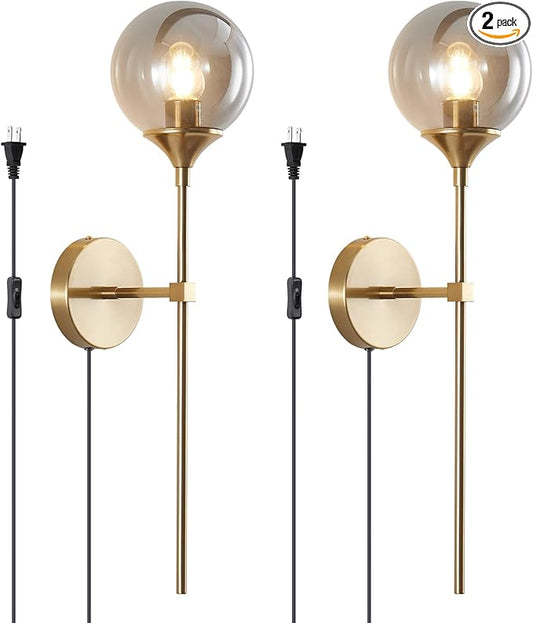 BOKT Mid Century Smoke Glass Bathroom Wall Light Plug in Set of 2 Brushed Brass Gold Long Globe Wall Sconce Lighting Plug in Cord Set of Two Industrial Wall Lamp (Smoke Gray-Plug in)