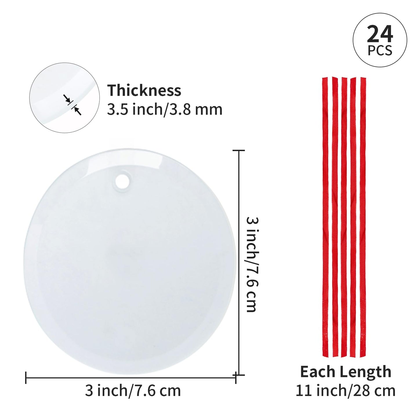 PYD Life 24 PCS Sublimation Ornament Blanks Glass 3 Inch Round Ornament with Red Ribbon for DIY Crafting Personalized Home Christmas Decor Bulk
