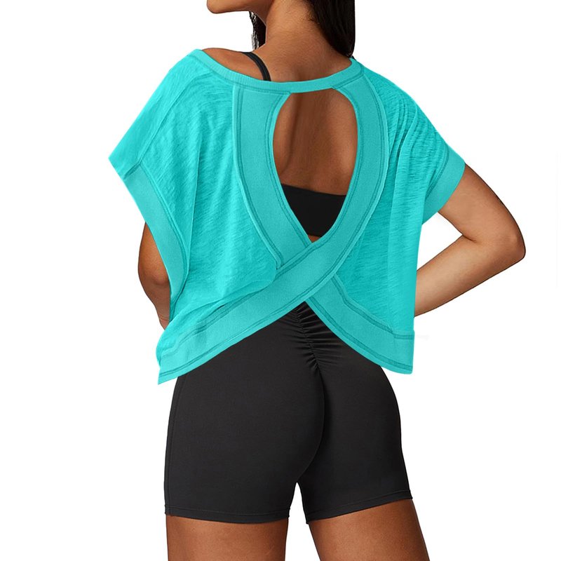 UNIANKIYA Open Back Workout Tops for Women Loose Fit Athletic Crop Tee Short Sleeve Gym Running Yoga Shirt Lake Green