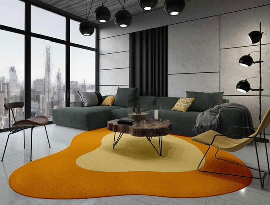 Mustard Yellow Beige Modern Abstract Irregular Area Rug 6ft Unique Design Irregular Shaped Rugs for Living Room Bedroom Playroom Pet Friendly Carpet Boho Under Dining Table Non Slip Easy Clean Mats
