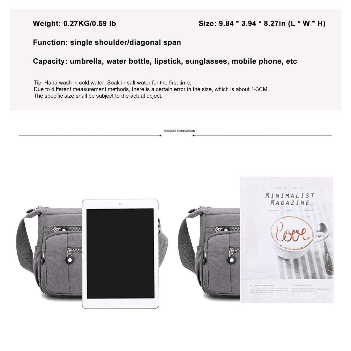 Womens Multi Pocket Casual Canvas Crossbody Bag Travel Purse Messenger Handbag for Shopping Hiking Daily Use (Gray)