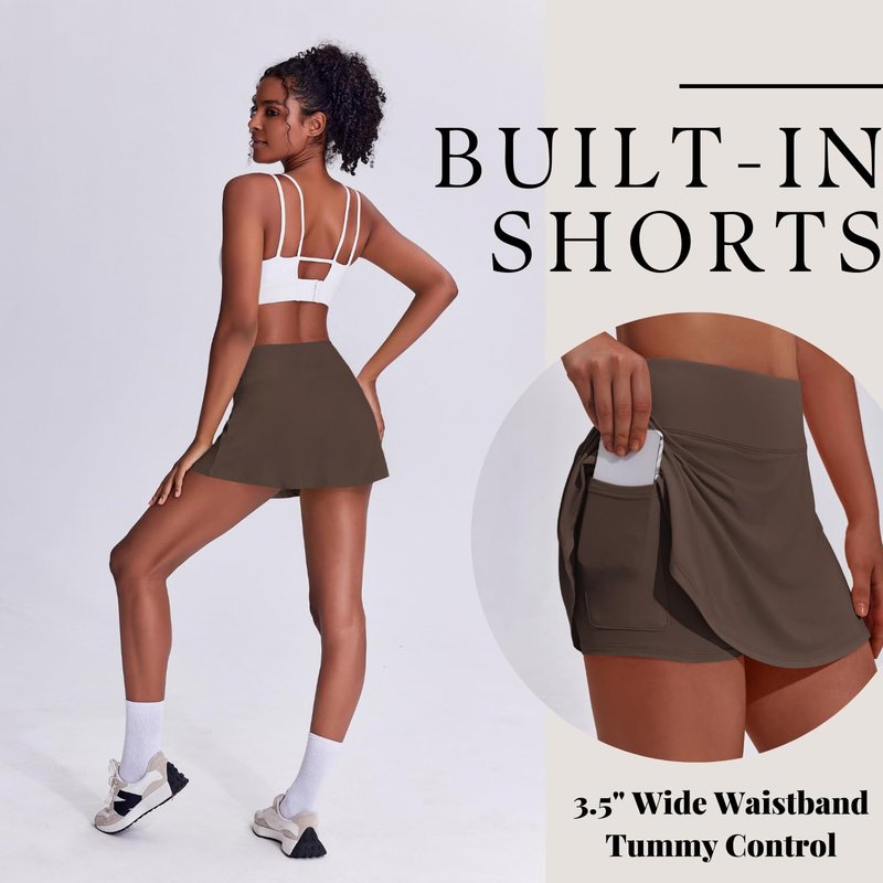 PINSPARK Tennis Skirts for Women Lightweight Golf Skirt with Pockets Stretchy Pickleball Skorts Quick Dry Athletic Skort Flowy Pleated Active Skirt, Espresso Brown Medium