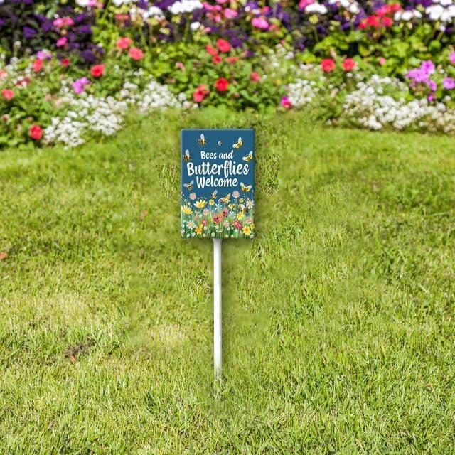 Uptell Bees Butterflies Welcome Here Yard Signs with Stakes Aluminum Sign for House/Front Door and Business Outdoor Decoration 7x8.8 Inch