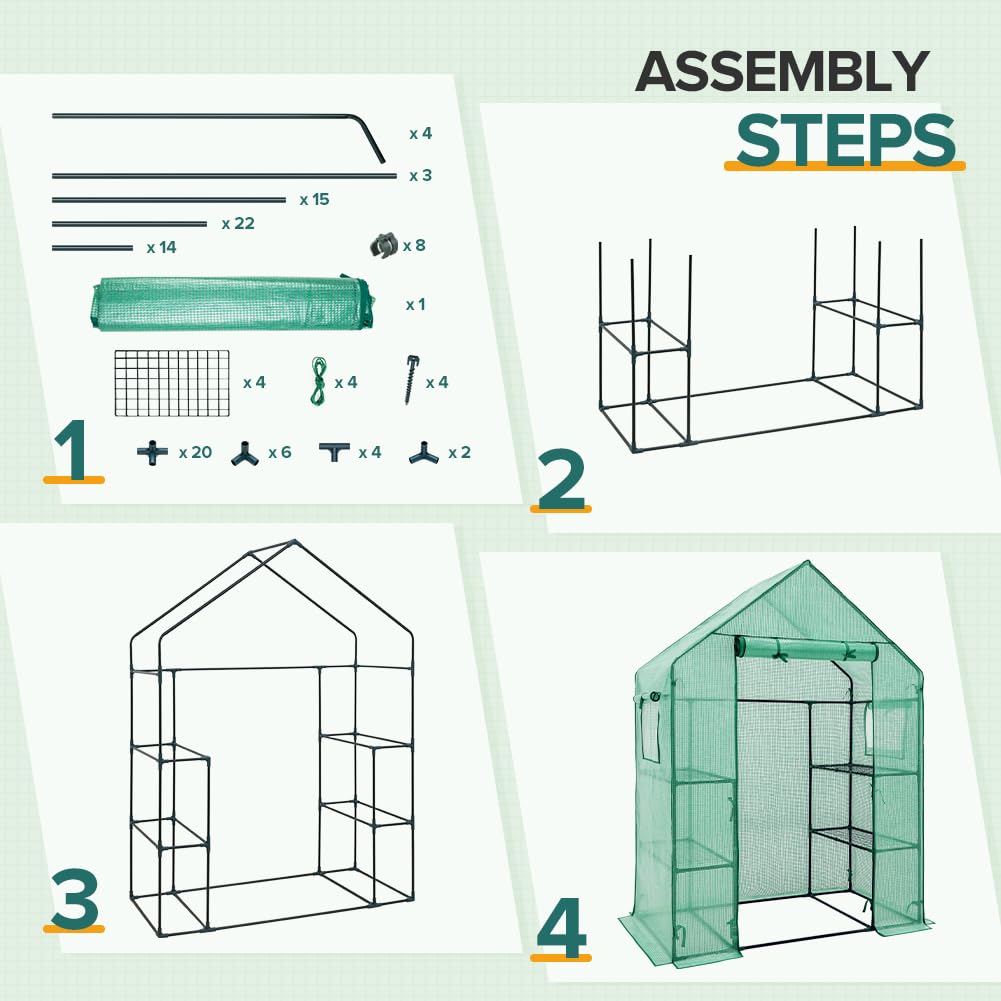 EAGLE PEAK Walk in 3-Tier Greenhouse with Wire Shelves, Portable Indoor and Outdoor Green House with Roll-Up Zippered Door & 2 Roll Up Side Windows, 4 Shelves, 61"x28"x79", Clear/Green PE Cover