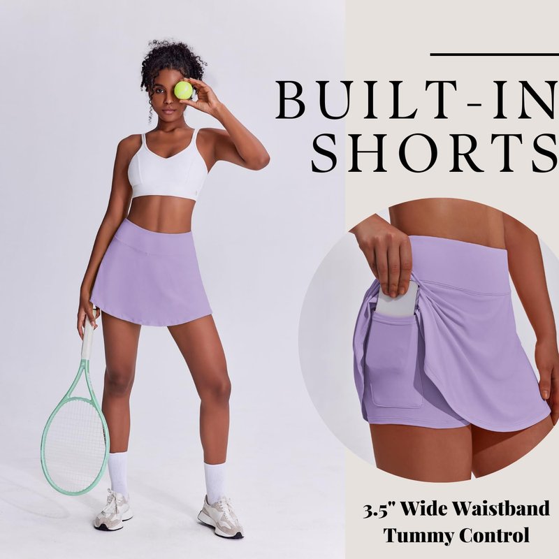 PINSPARK Athletic Skirts for Women Mini Tennis Skort Lightweight Golf Skirts with Pocket Pickleball Outfits,Lilac X-Large