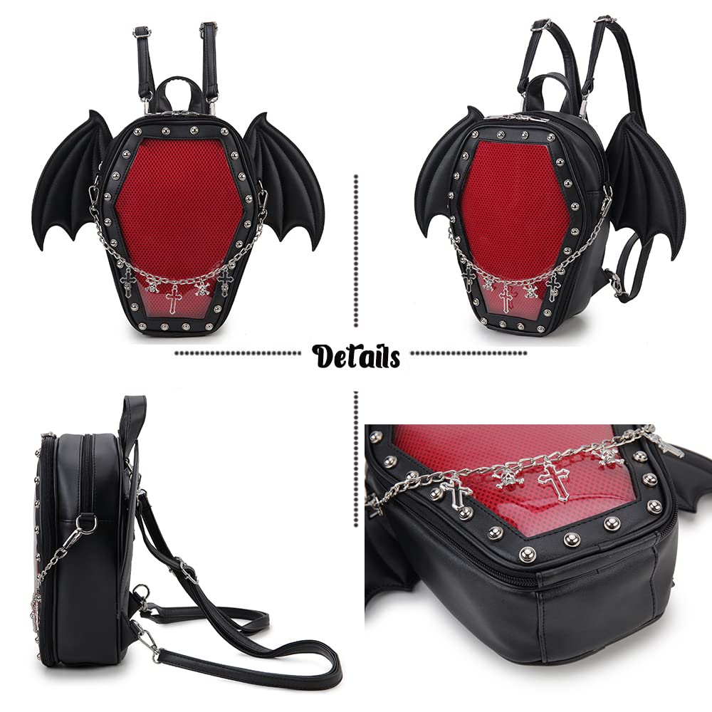 ENJOININ Gothic Coffin Shape Purses and Handbags for Women Halloween Shoulder Bag Ita Backpack Purse with Wings 2 Way