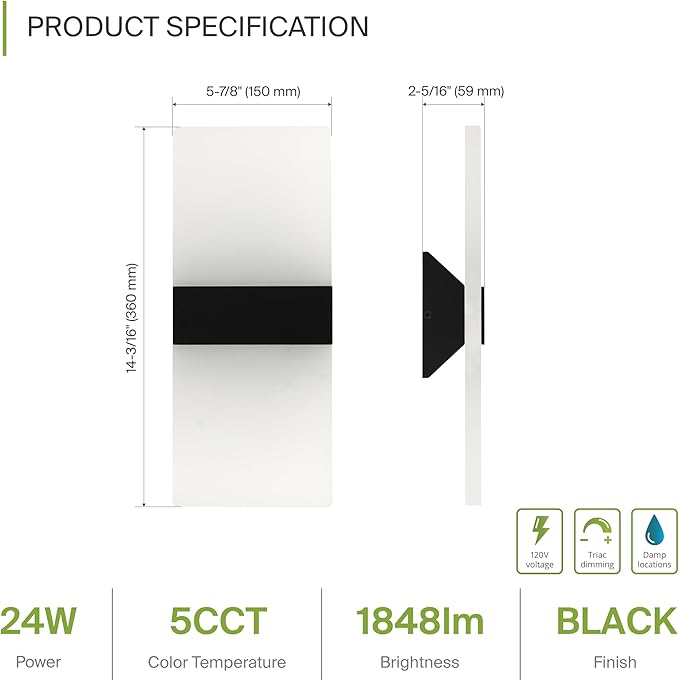 ASD 14 Inch LED Indoor Wall Sconce - Modern Interior 24W 120V 2700K-5000K Adjustable Dimmable Wall Mounted Light Fixtures, Acrylic Glass Wall Lights for Stairway, Hallway - ETL, Matte Black 2 Pack