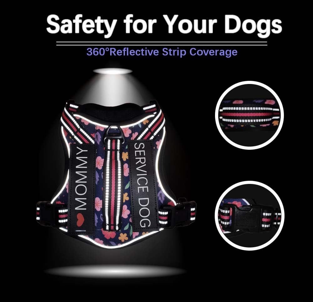 Foxyep Tactical Dog Harness,Working Dog MOLLE Vest with Handle for Medium Dogs No Pull Adjustable Pet Harness Reflective Strapwith Dog Leash Set(M,Blue Floral)