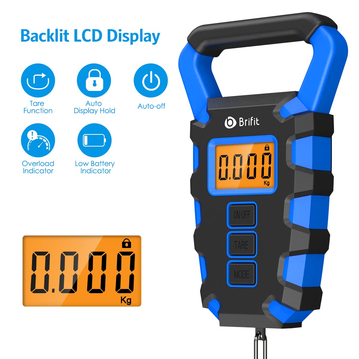 AMIR Luggage Scale with Hook, 110Lb/50kg Digital Fishing Scale, Portable Electric Hanging Scale Non-Slip Big Handle, 3 Modes-LB/OZ/KG, Backlit LCD Display