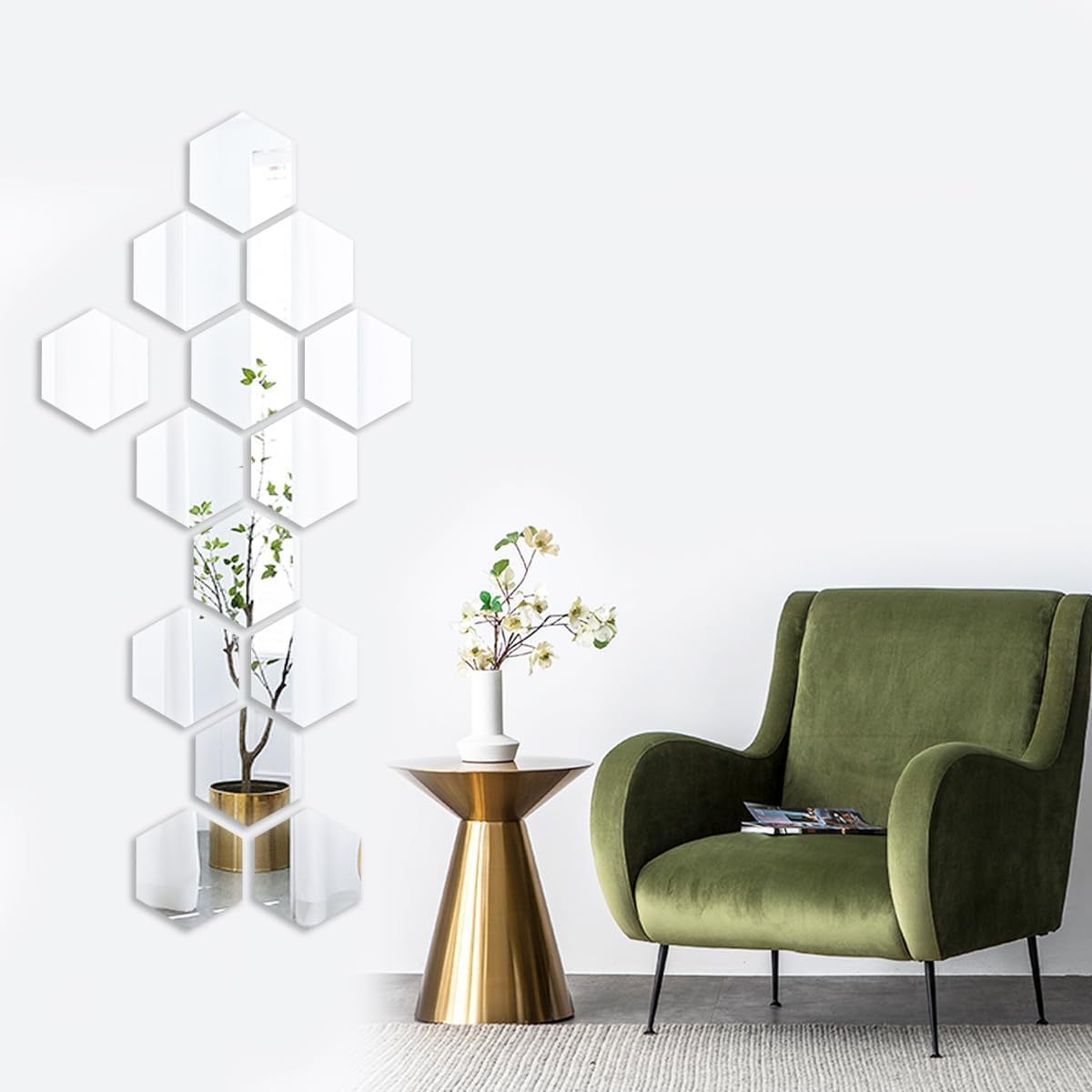 MCLEULLA 12 Pcs Acrylic Mirror Wall Stickers Hexagon Plastic Wall Stickers for Home Decor Living Room Bedroom Over Sofa or TV Gold (silver)