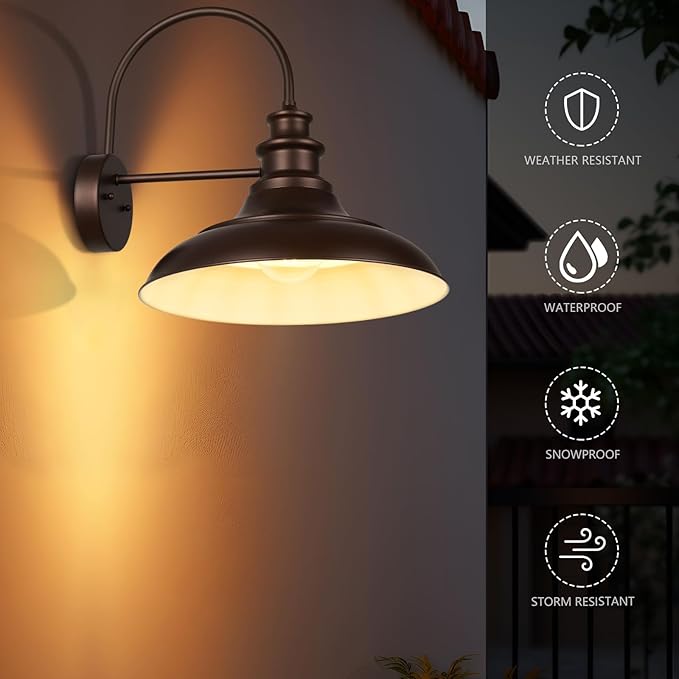 Outdoor Barn Light Fixtures, 16 Inch Large Dome Farmhouse Exterior Wall Mount Lights, Rustic Gooseneck Wall Sconces Indoor Wall Lighting, Industrial Bronze White Lanterns for Porch, 2 Pack