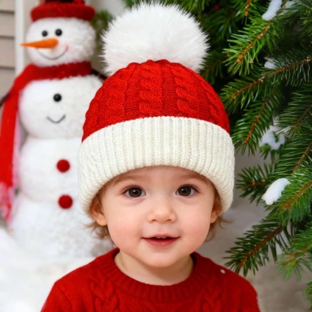 Christmas Knit Santa Hat Baby Knitted Beanie Hat for Infant‌ Toddler‌ 0 to 3 Years Old Red