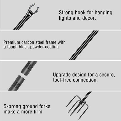 FHNFHN String Light Poles 4 Pack,10FT Metal String Light Poles for Outside, Adjustable Outdoor Poles for Patio, Deck, Garden, Wedding, Backyard, Christmas Party Decor, Sturdy with Hooks