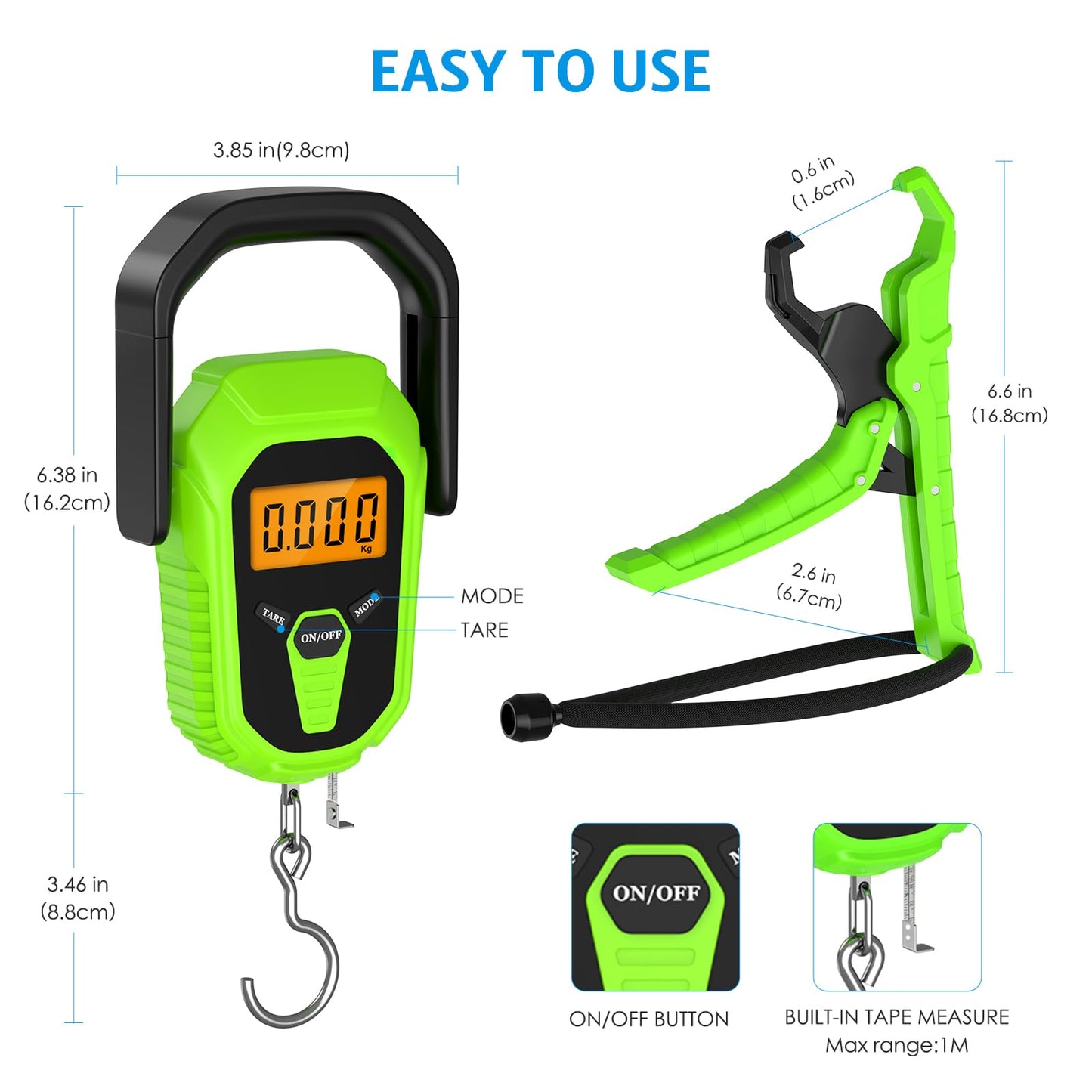 AMIR Digital Fishing Scale, 110lb/50kg Portable Luggage Scale, Electronic Fishing Scale with Lip Gripper, Digital Weight Scale with 38'' Tape Measure, Batteries Included