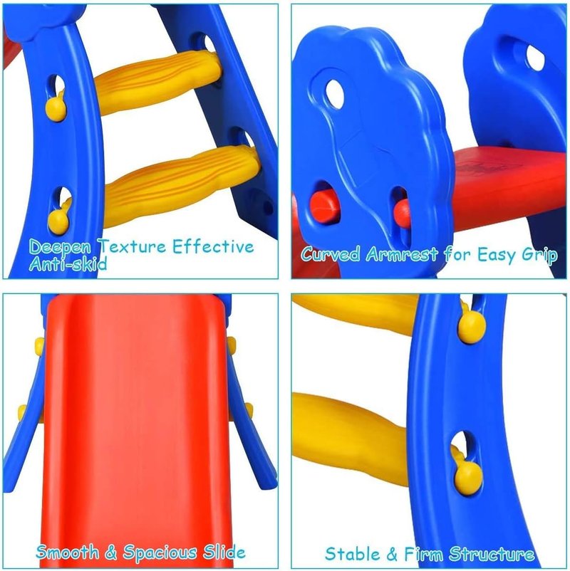 KOTEK Folding Toddler Slide for Indoor and Outdoor, Freestanding Plastic Baby Slide Climber Playset, Easy to Store, Anti-Slip Steps, Kids Playground Toy Ages 3-5 (Blue with Basketball Hoop)