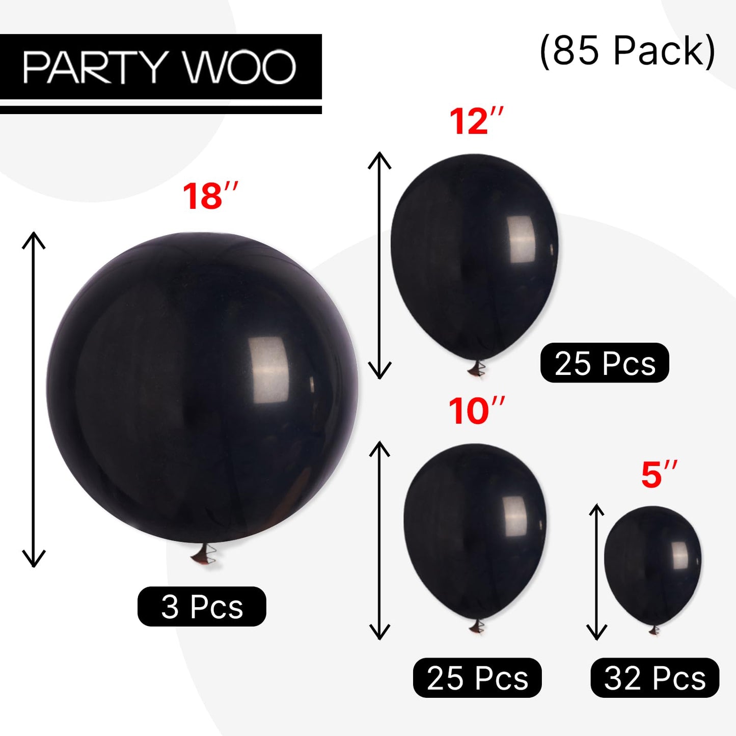 PartyWoo Black Balloons, 85 pcs Matte Black Balloons Different Sizes Pack of 18 Inch 12 Inch 10 Inch 5 Inch Black Balloons for Balloon Garland Balloon Arch as Birthday Party Decorations, Black-Y18
