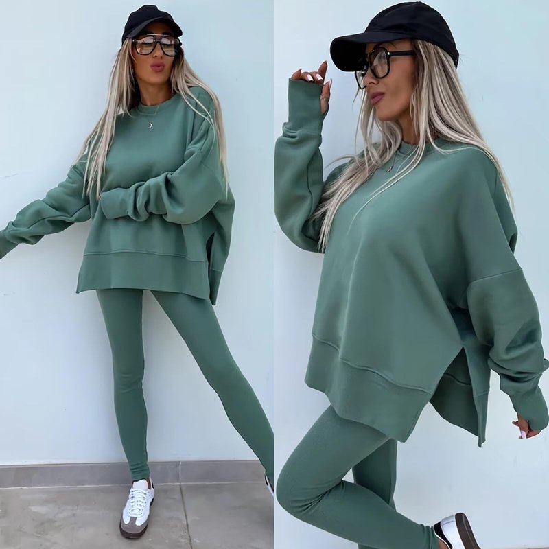 Adogirl Sweatsuit for Women Casual Two Piece Outfits Oversized Pullover Sweatshirts with Thumb Hole Slit Ribbed Pants Green M
