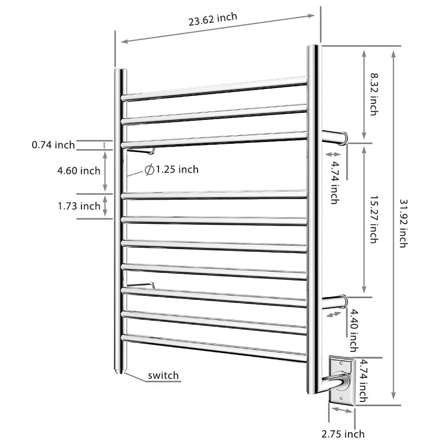 HEATGENE Towel Warmer Wall-Mounted Hardwired Heated Towel Rack Hot Towel Bar Brushed