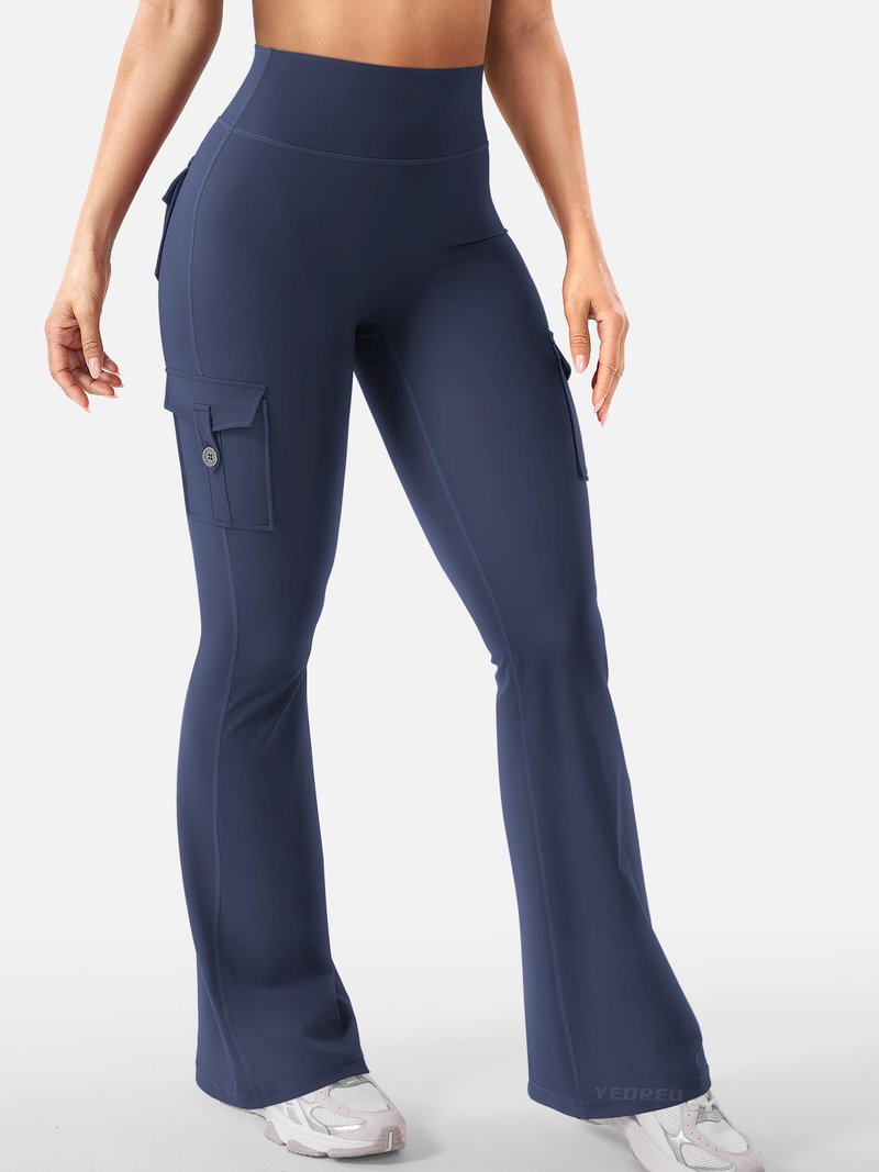 YEOREO CoreFlex Women Workout Flare Leggings with Pockets Hidden Scrunch Cargo Gym Yoga No Front Seam Leggings Navy M