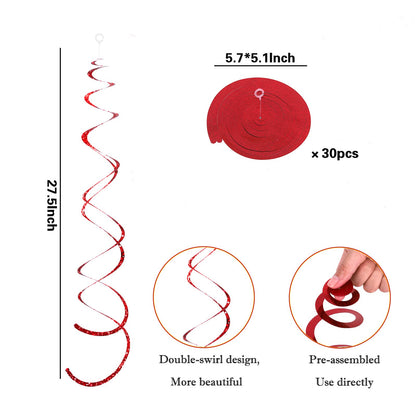 30 Pcs Red Party Hanging Swirl Decorations Plastic Streamer for Ceiling Spiral Decorations Garland for Birthday Wedding Bridal Shower Baby Shower