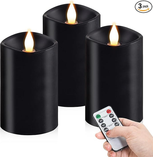 3PCS, 3 x 5 inches Flameless Candle with Remote Control, 3D Flickering Wick, Real Wax Pillar LED Candles, Battery Candles,with Timer,for Holiday Home Decor, Black
